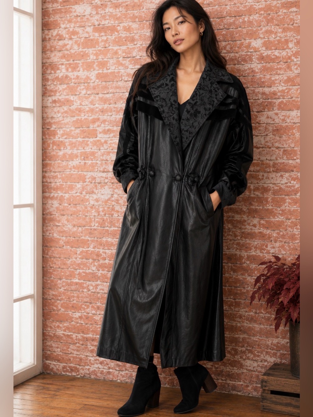 Vintage Y2K  Wilsons Leather Black Paisley Patchwork Long Maxi Trench Coat